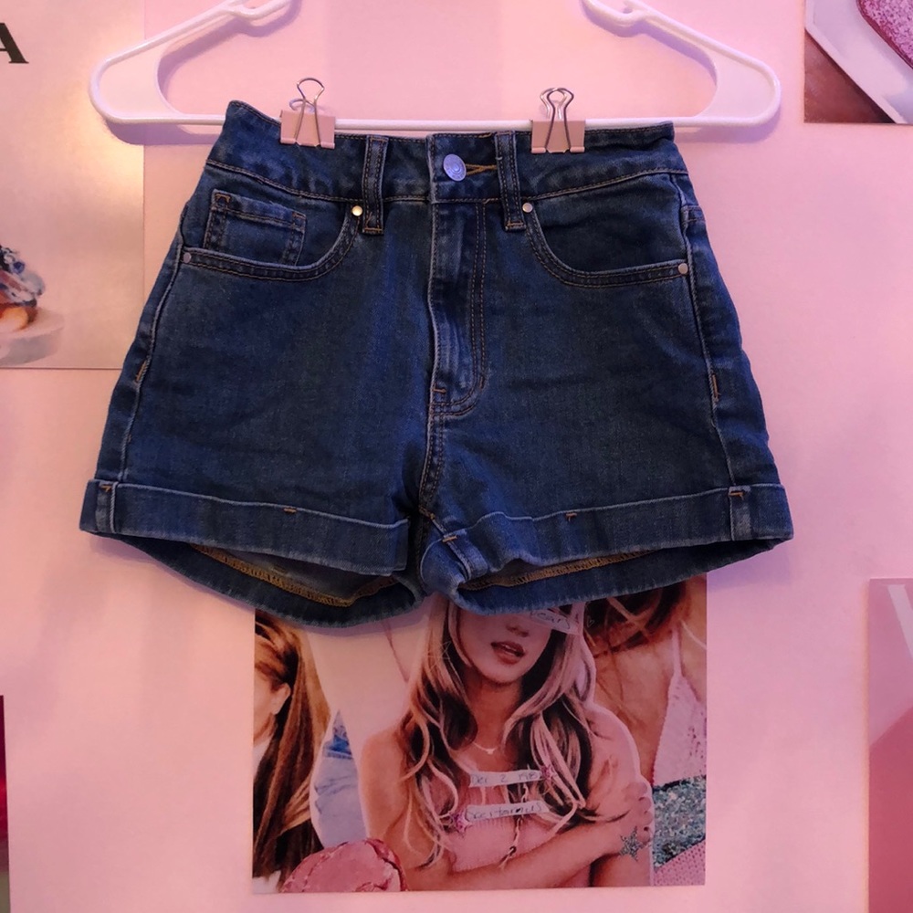 pacsun high waisted dark/medium wash mom shorts